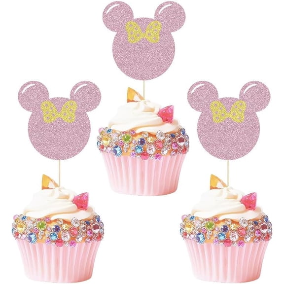 12pcs Pink and Gold Mouse Cupcake Toppers Bow Birthday Cake Decorations Baby Shower Girl Birthday Party Cake Decorations Supplies