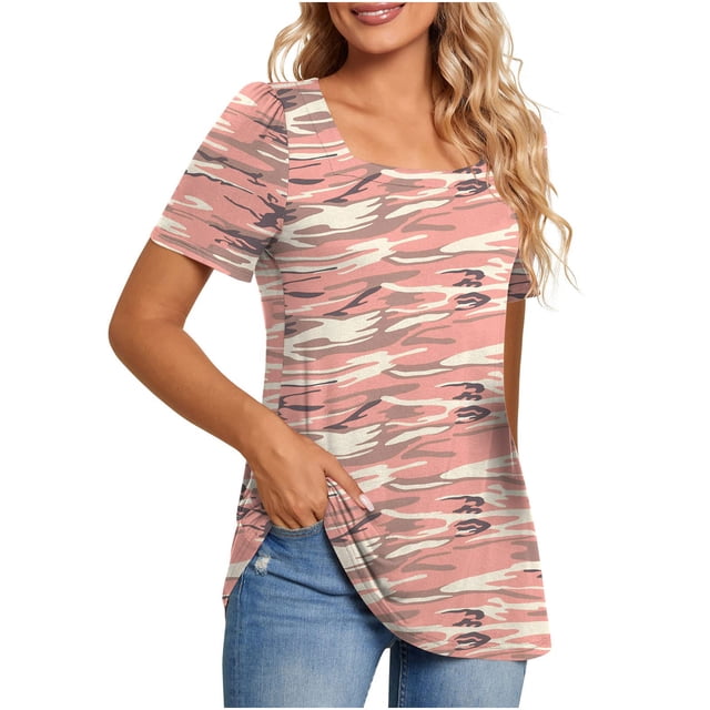 Camisetas informales de verano para mujer, cuello cuadrado, manga corta, túnica, blusas sueltas y cómodas OAVQHLG3B Store lin121212