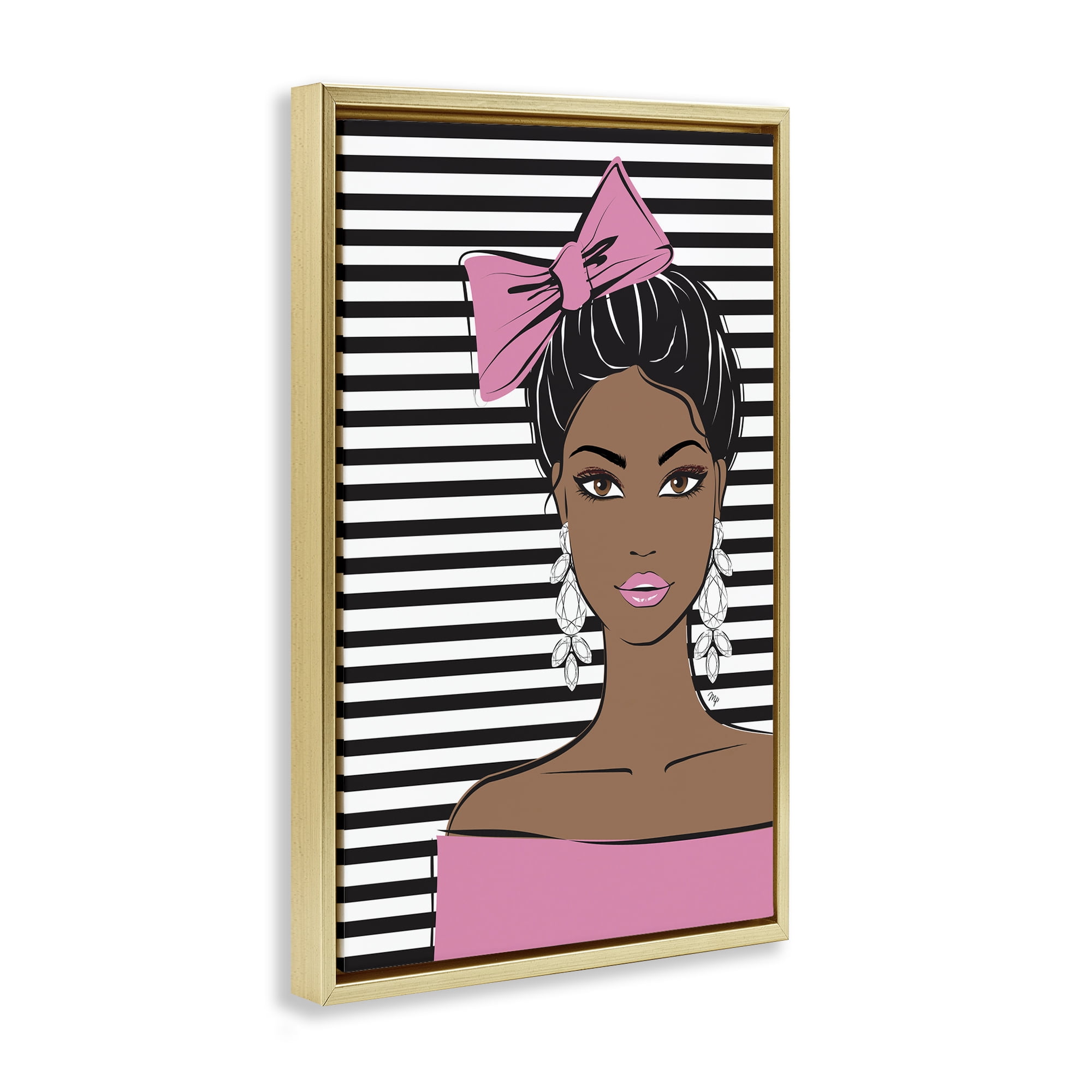 Stupell Industries Girl with Bow & Jewel Earrings Gold Framed Floater Canvas Wall Art, design by Martina Pavlova
