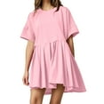 thumbnail image 2 of NXMZXB Womens Summer Crew Neck Short Sleeve Dress Patchwork Pleated A Line Beach Boho Sundress Loose Flowy Athletic Tennis Mini Dress Pink XXL, 2 of 5