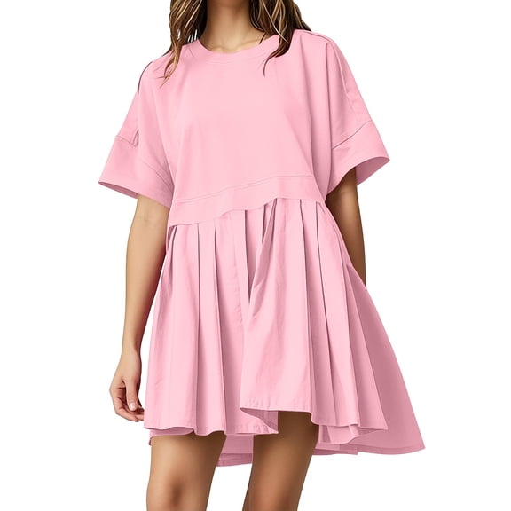 Tumotour summer dress for women Round Neck Short Sleeve Dress Casual Loose Solid color Patchwork Pleated A Line Beach Mini Dress