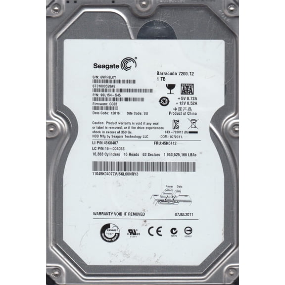 ST31000528AS, 6VP, SU, PN 9SL154-545, FW CC6B, Seagate 1TB SATA 3.5 Hard Drive