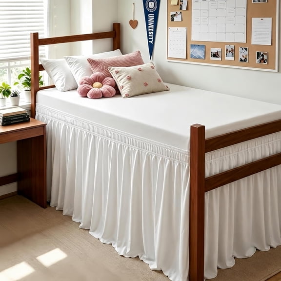 SIRIA Dorm Bed Skirt Twin Xl 36 Inch Drop with Split Corners, Extra Long Bedskirt Easy to Put on Elastic,Dust Ruffle with Platform, Microfiber Fabric Machine Washable White, Bed Decor