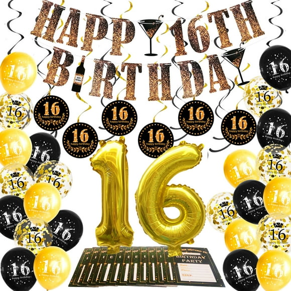 16th Black Gold Party Decorations for Boys Girls, 16 years Happy Birthday Banner Party Supplies Anniversary Decorations, 16th Birthday Cake Sparkling Party Celebration Hat & Gift