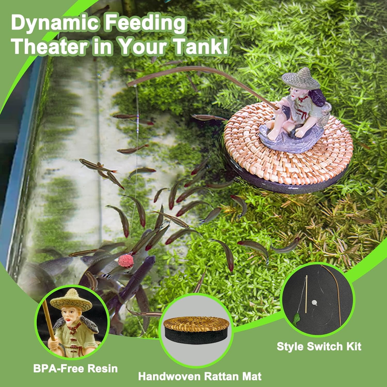 Floating Fish Tank Decorations, Resin Fisherman Aquarium Decor with Realistic Mini Fishing Rod, Fish Feeder Aquarium Ornaments for Guppy Betta and Small Schooling Species