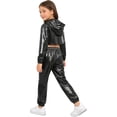 thumbnail image 3 of Hansber Kids Girls Modern Street Hip Hop Jazz Dance Outfits Long Sleeve Metallic Hoodie Crop Top and Pants Set Black White 10, 3 of 7