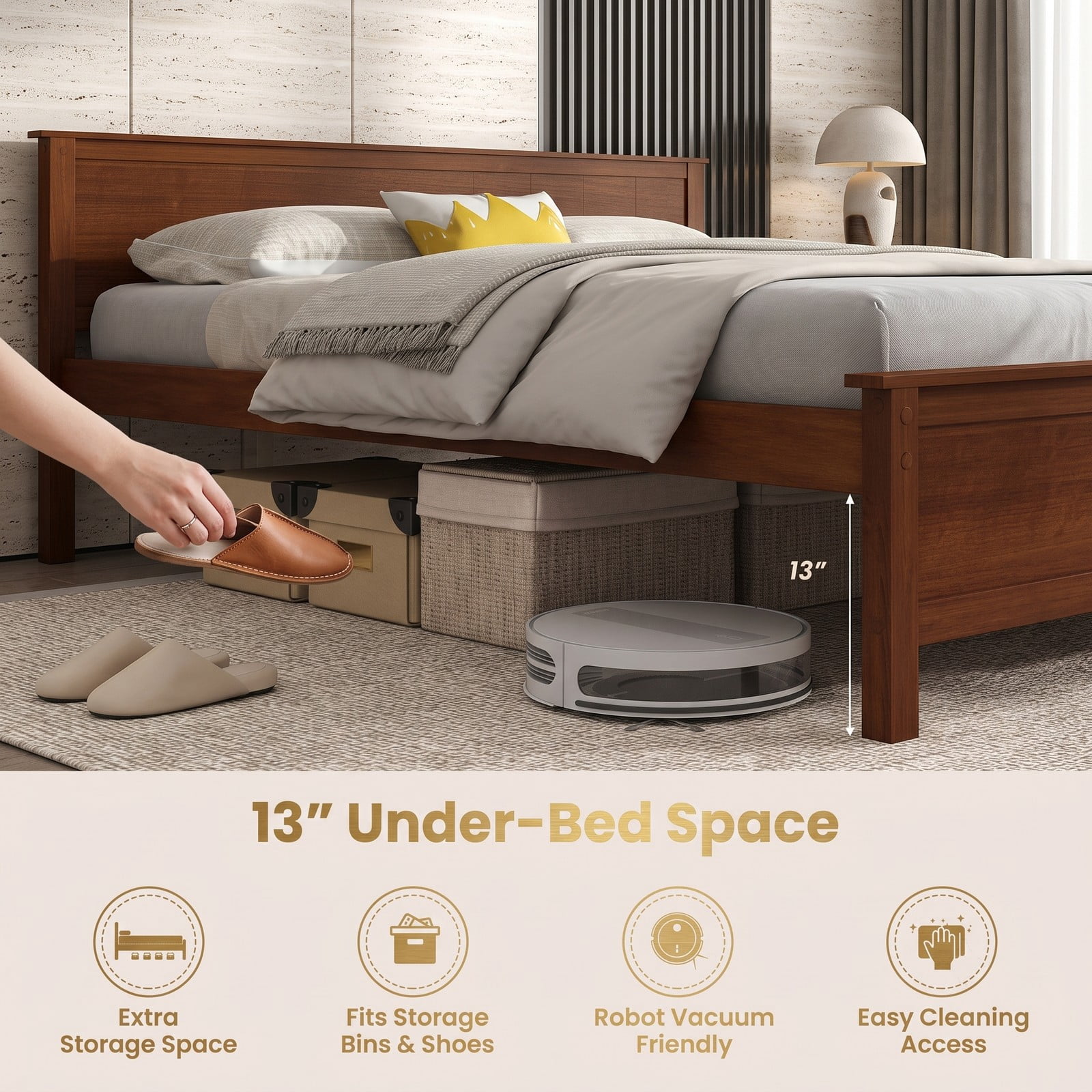 Furnibear Full Size Bed Frame Solid Wood Platform Bed with Arched Headboard and Slat Support, No Box Spring Needed, Walnut