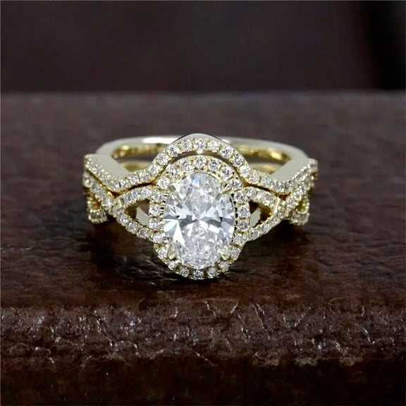 2.68Ctw Oval Cut Moissanite Bridal Set Engagement Ring In 14K Yellow Gold Plated