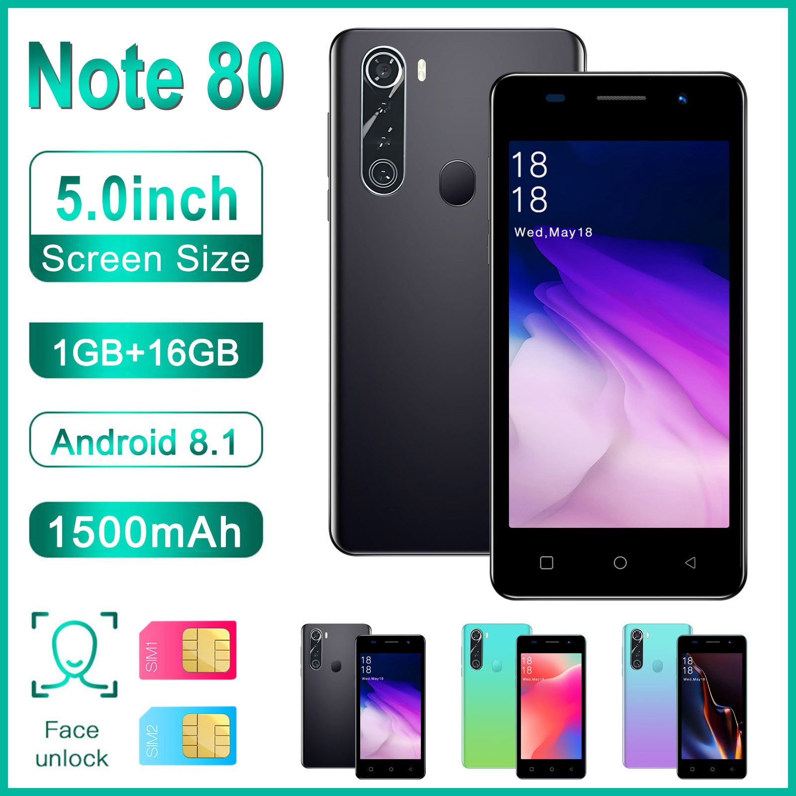 AZXY Note80 16GB Unlocked Cell Phones for Cheap Smartphone 5inch Android 8.1 Cell Phones for Seniors,Black