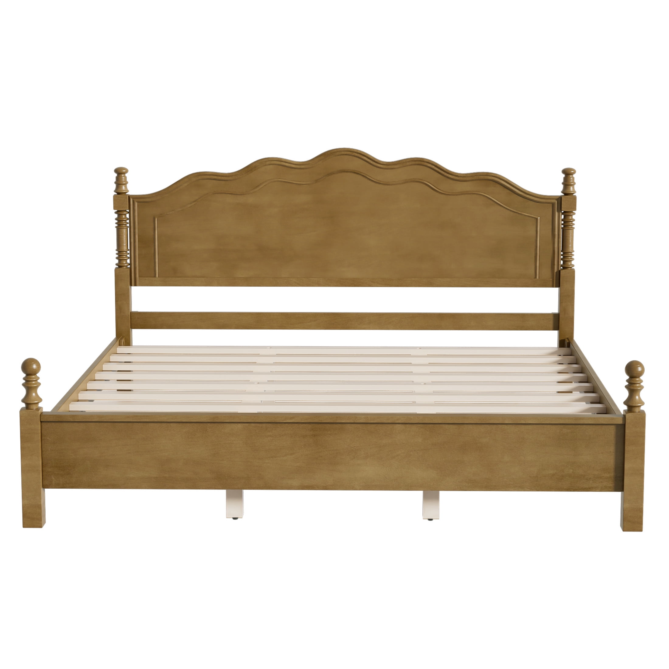 Noble House King Size Wood Platform Bed with Curved Headboard, Spindle Posts, Dark Oak