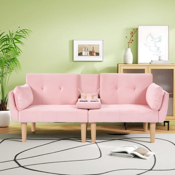 Leumius 72 Inch Futon Sofa Bed,Velvet Futon Couch with Adjustable Backrest and Cupholders,Suitable for Apartment,Living Room,Small Space,Pink