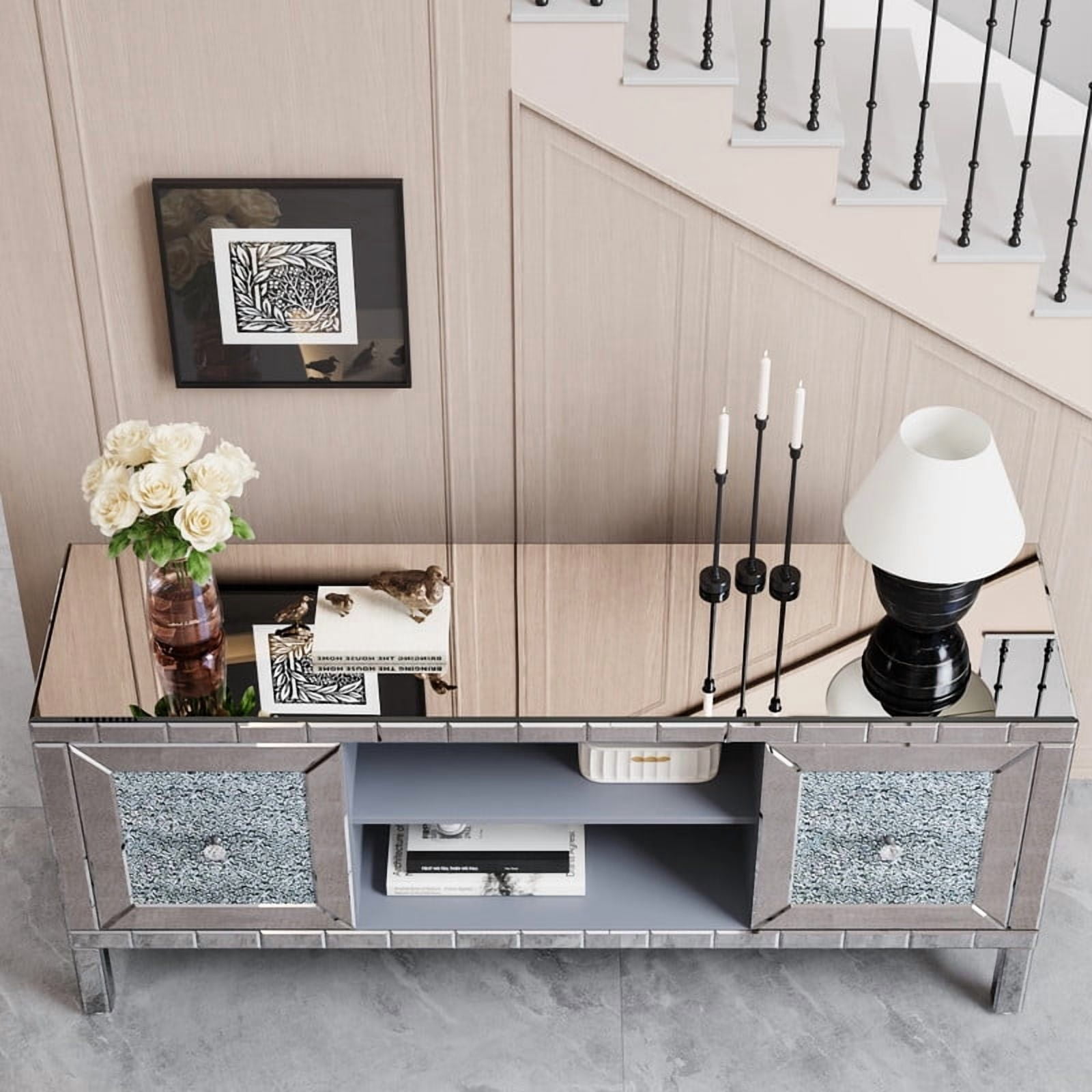 Atumcto Mirrored TV Stand for 65-inch TVs with Adjustable Storage & Crushed Diamond Glass Doors