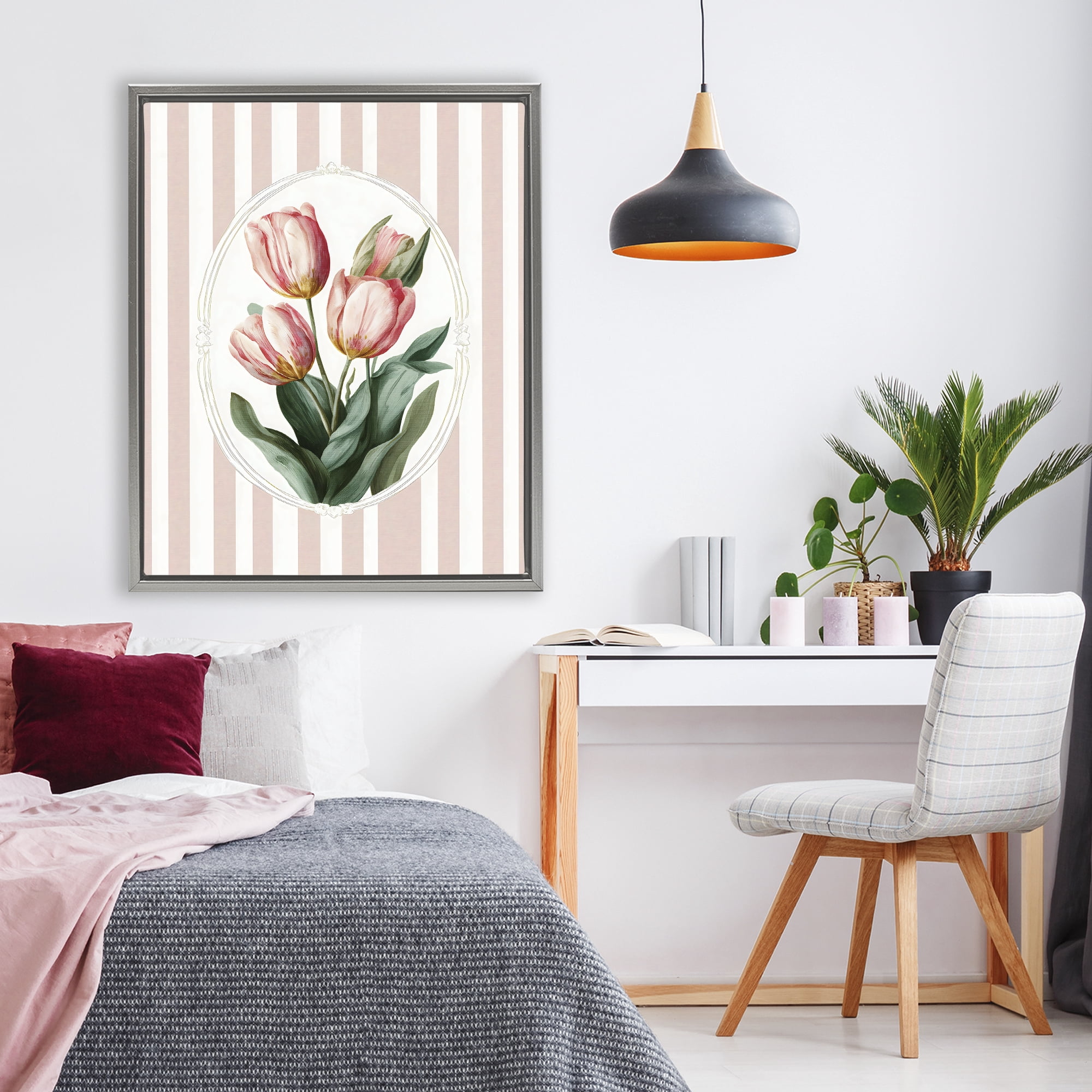 Stupell Industries Vintage Tulips on Stripes Gray Framed Floater Canvas Wall Art, design by Ink Drop Loft