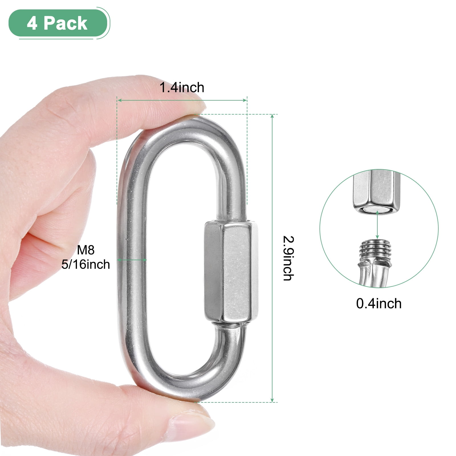 4-Pack Quick Chain Link Connector, M8 5/16" 316 Stainless Steel D-Shape Locking Repair Chain Links for Swing/Camping/Hiking/Backpack, Twist Key Ring Screw Chain Link [Silver]