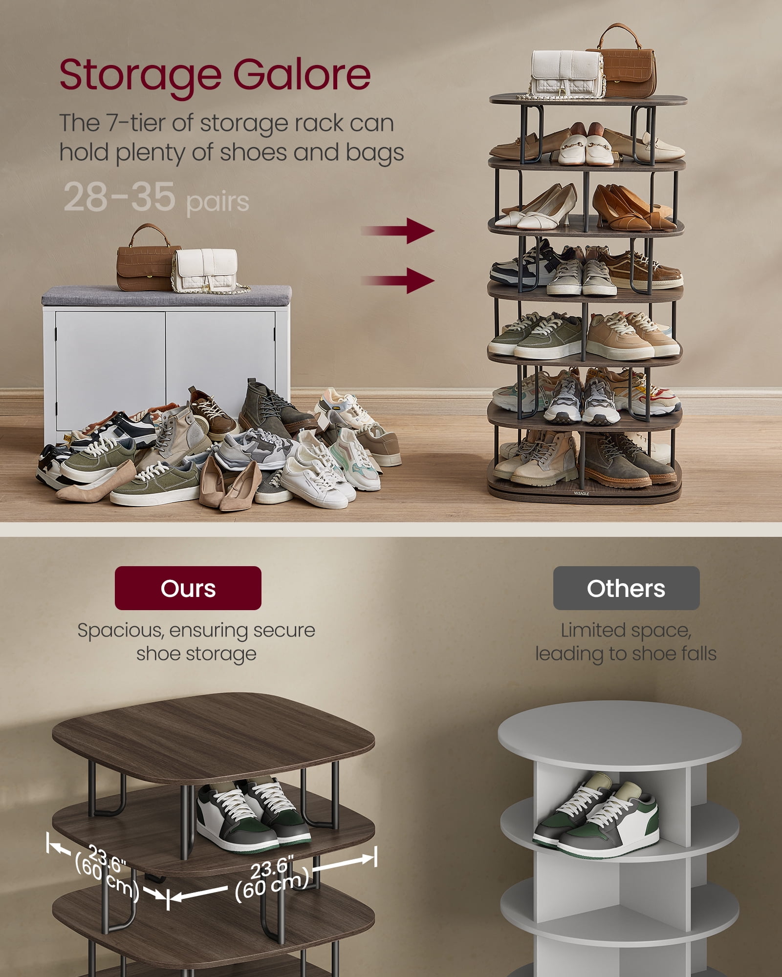 7-Tier Rotating Shoe Rack, 360° Spinning Shoe Organizer Tower for 28-35 Pairs, Sturdy Shoe Shelf for Entryway