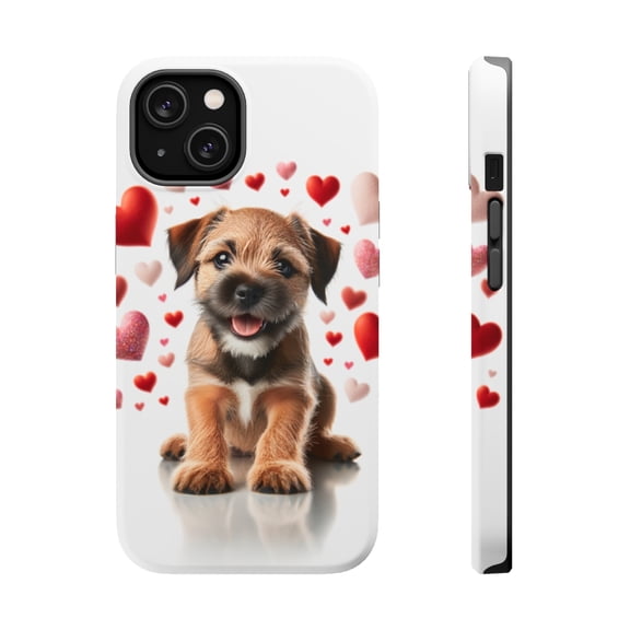 DistinctInk Tough Case for Apple iPhone 14 (6.1" Screen), Compatible with MagSafe Charging - Valentine's Day Border Terrier Puppy