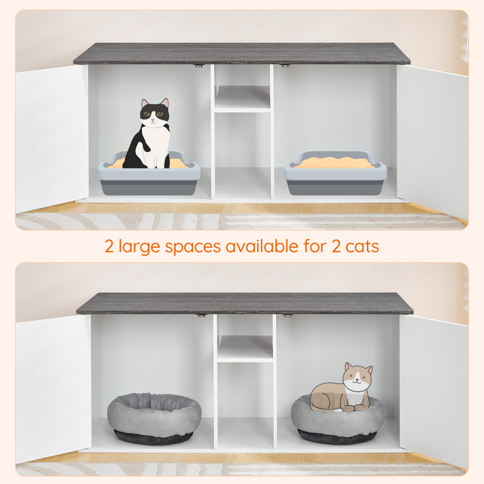 HOOBRO Double Cat Litter Box Enclosure with Middle Storage Shelf, Dual Hidden Litter Box Furniture, Unique Patterned Litter Box Cabinet, White and Charcoal Gray BW25MW01