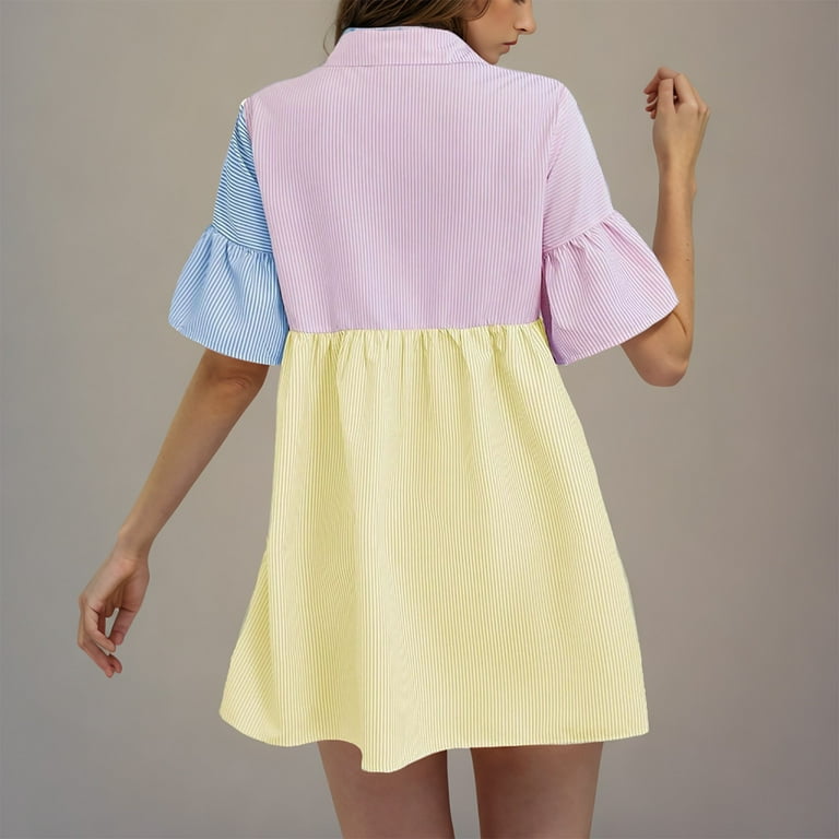 Colorful T Shirt Dress for Women Collared Button Down Shift Dress A Line  Flare Striped Cute Teen Girls Preppy Outfit - Walmart.com