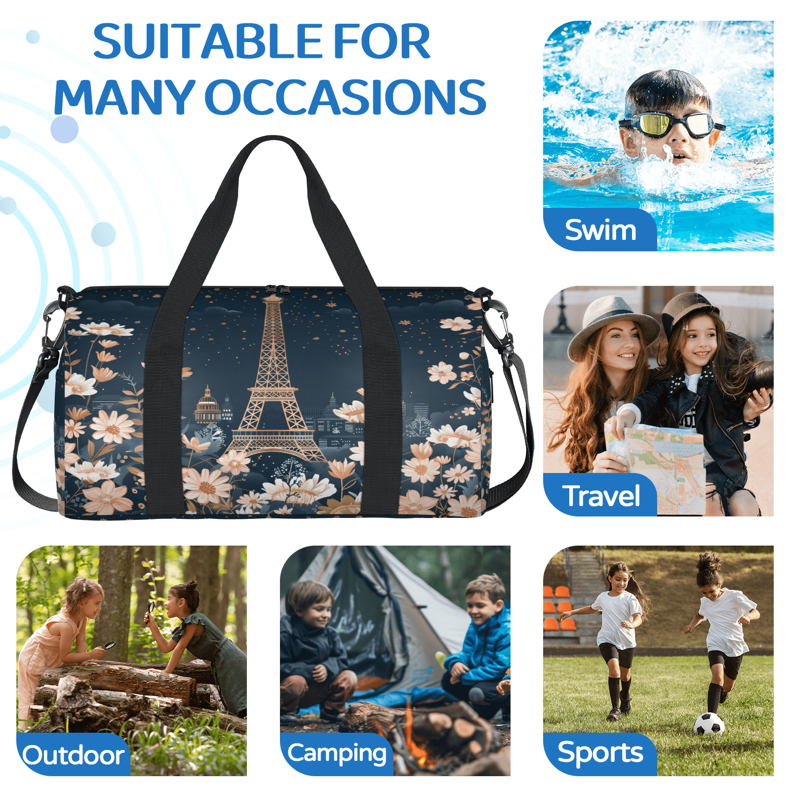 Herdesigns Paris Eiffel Tower Gym Bag for Women, Duffle Bag for Travel Sport, Flower Lightweight Waterproof Carry on Weekender Dance Yoga Workout Bags