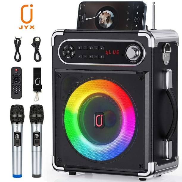 Bocina Karaoke JYX, Altavoz Bluetooth con Radio FM, 2 Micrófonos Inalámbricos, luz LED de Fiesta, Control Remoto
