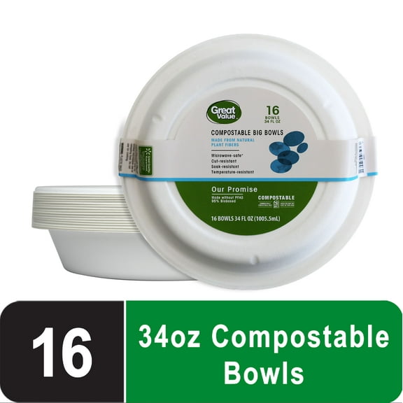 Great Value Compostable, Microwave Safe, Cut Resistent, Soak Resistant, Temperature Resistant, Disposable Paper Bowls, 34 oz, White, 16 Count