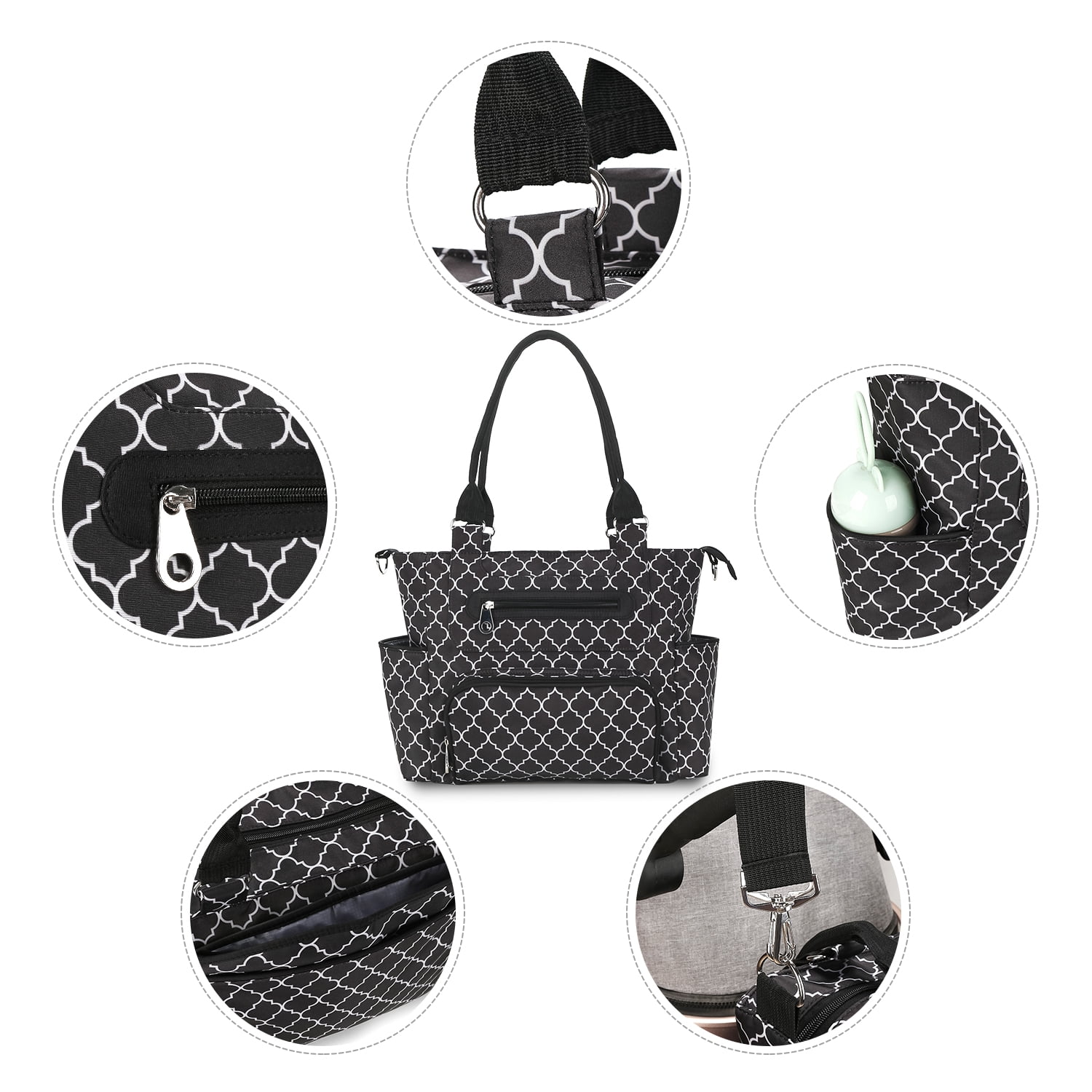 DEFAHN Unisex Mommy Tote Bag, Water Resistant Diaper Handbag with Changing Pad, Pacifier Case and Stroller Straps for Newborn Babies, Black