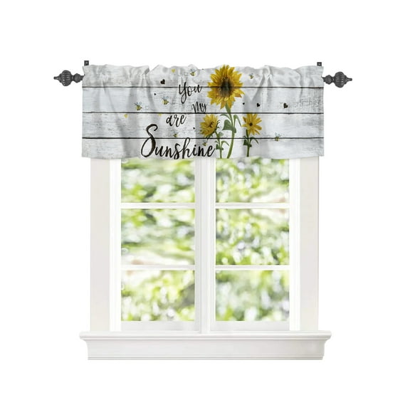 Kitchen Cafe Valance Curtain for Small Windows,Farmhouse Sunflowers on Shabby Wooden Planks Rod Pocket Short Valances Bees Window Treatment Panel for Living Room/Bedroom/Bathroom,54x18in
