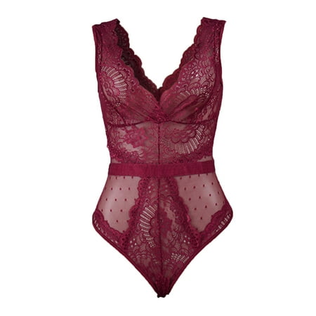 

adviicd Lingerie For Women Open Crotch V-Neck See Through Lingerie Floral Lace Lingerie for Women One Piece Bodysuit L