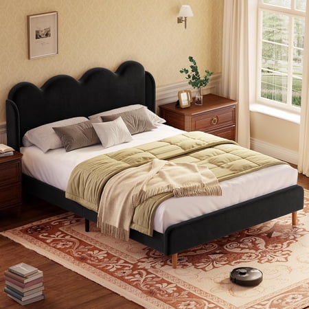 Queen Upholstered Wingback Platform Bed Frame with Scalloped Edges Plush Velvet Fabric Tall Tufted Headboard Modern Minimalist Design Tool-Free Assembly Black