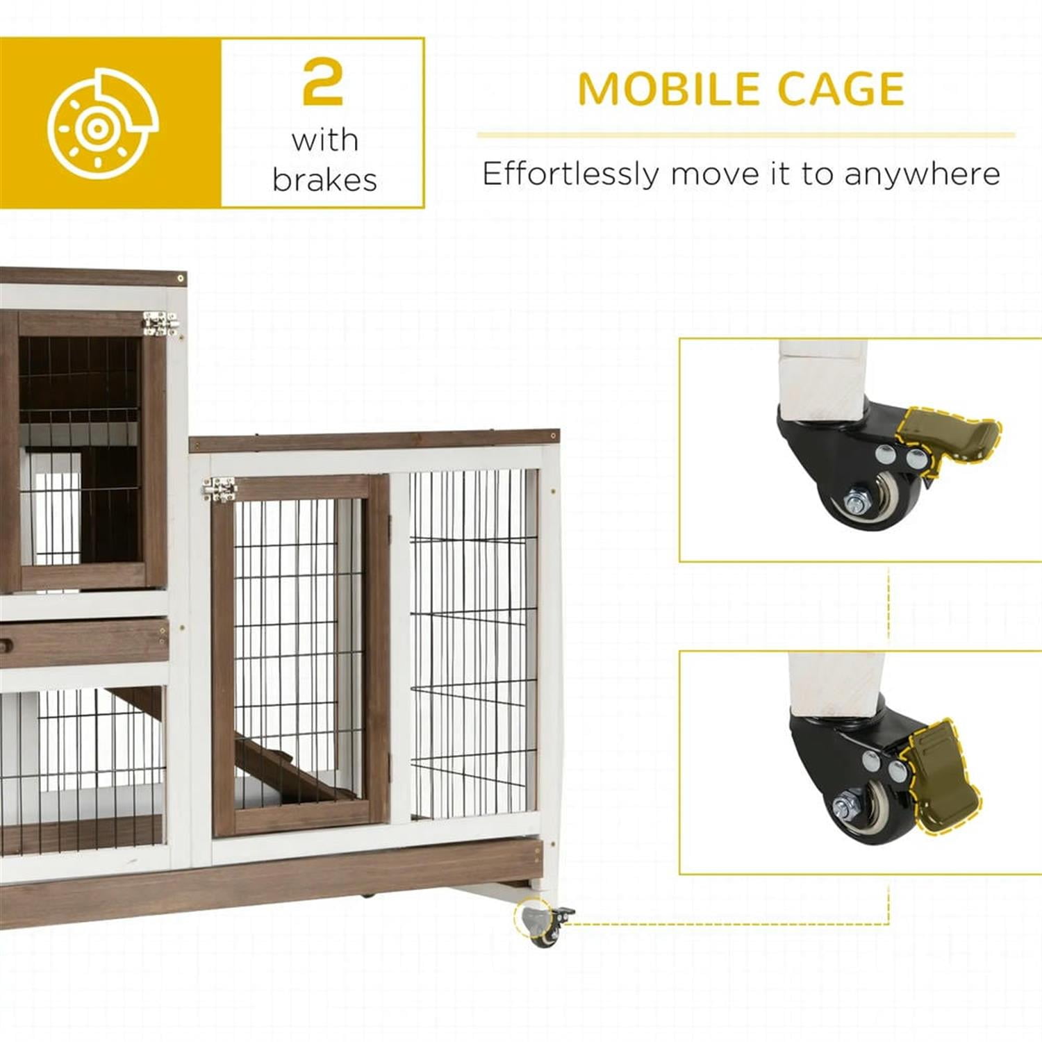 Kadyn 43" 2-tier Wooden Rabbit Hutch with Wheels and Slide-out Tray, Outdoor Small Animal Habitat Chicken Coop Bunny Cage for Bunnies, Guinea Pigs, Brown