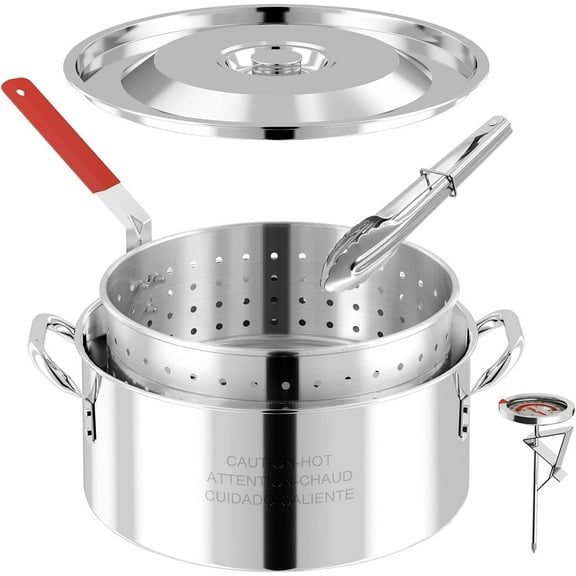 10QT Stainless Steel Deep Fryer with Basket | Fish Fryer | Frying Pot with Lid, Grill Tongs & Thermometer | Not Compatible with Induction Cooktops | Perfect for Home & Outdoor Use | Dishwasher Safe