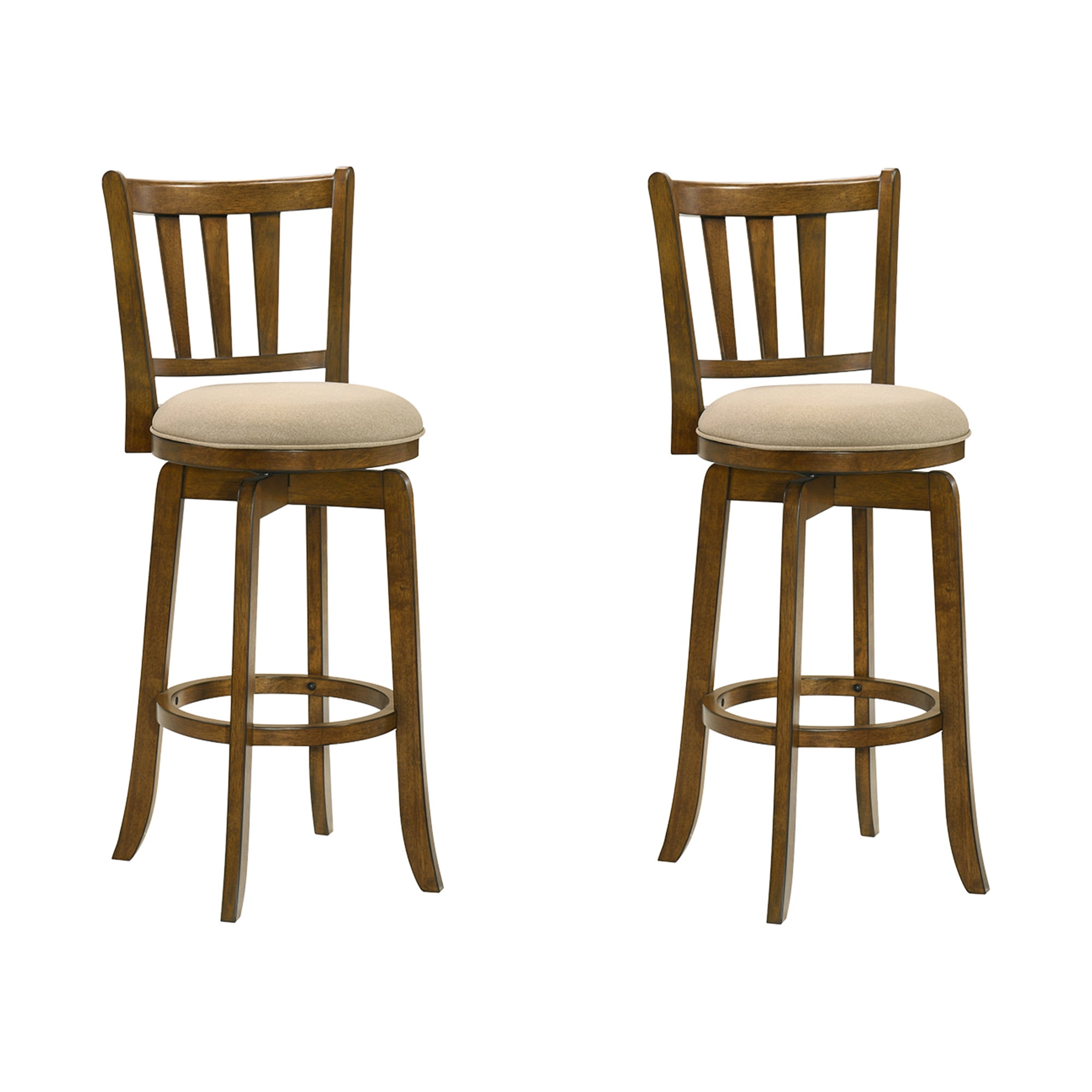 Wren Modern Farmhouse Swivel Wood Bar Height Kitchen Bar Stool in Sepia Brown Finish with Light Scone Fabric Upholstered Seat - Set of 2