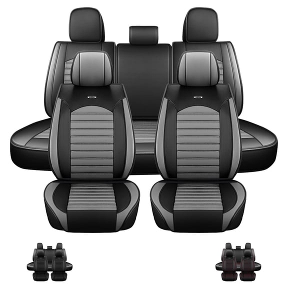 FANOTEK Black Grey, Pu Leather, Waterproof, Front Rear Seat Covers, 5 Pieces