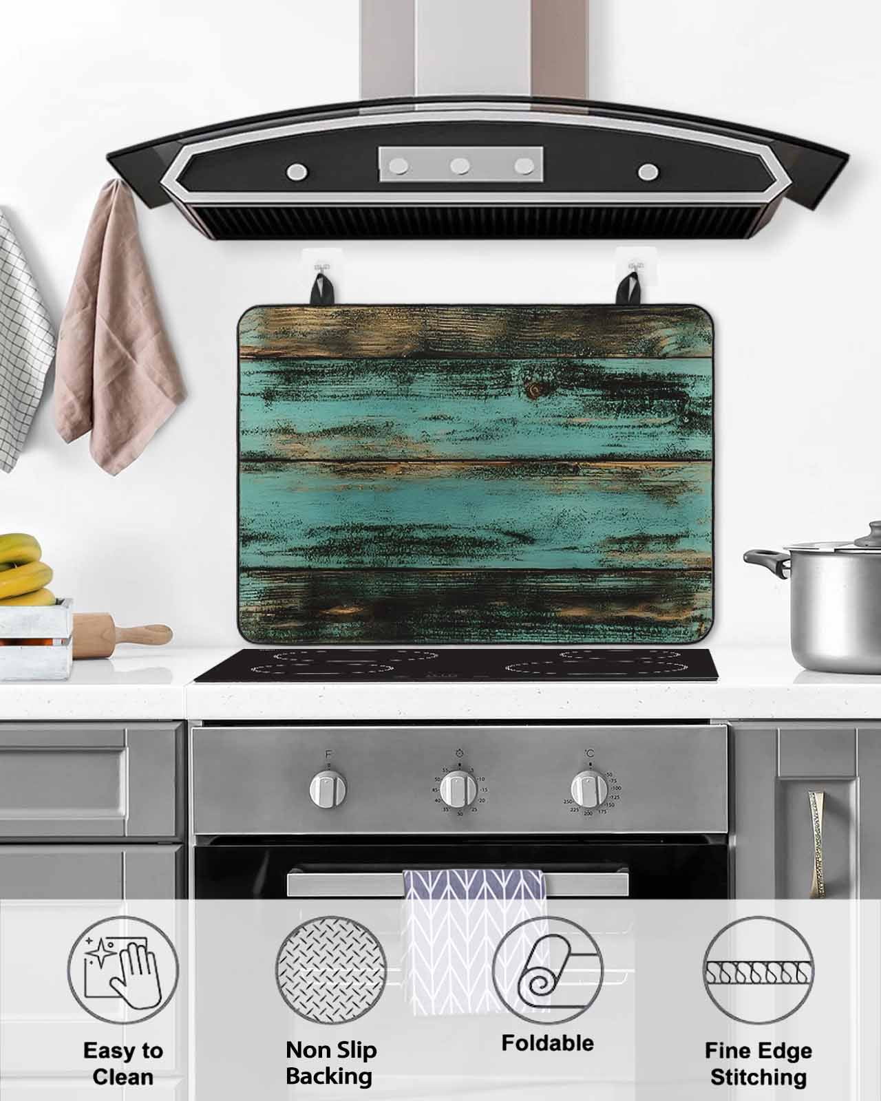 nqOlkjepod Large Induction Cooktop Protector Mat 28.5"x20.5", Teal Brown Plank Stove Top Covers for Electric Stove, Farmhouse Vintage Shabby Wood Grain Stove Burner Cover Mats, Glass Top Stove Cover
