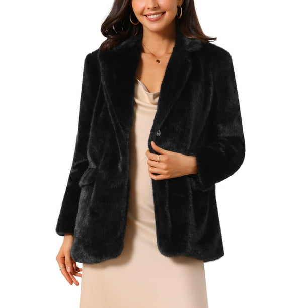 Abrigo de piel sintética para mujer INSPIRE CHIC, chaqueta de moda de invierno, abierta al frente, con solapa de muesca, de manga larga, esponjosa, con un botón, talla XL, color negro