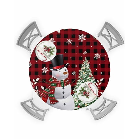 

Round Tablecloth with Elastic Christmas Floral Xmas Tree Snowman Red Black Plaid Waterproof Table Cover Wipeable Fitted Table Cloths for 45 -54 Round Tables Dining Kitchen Indoor Outdoor Use