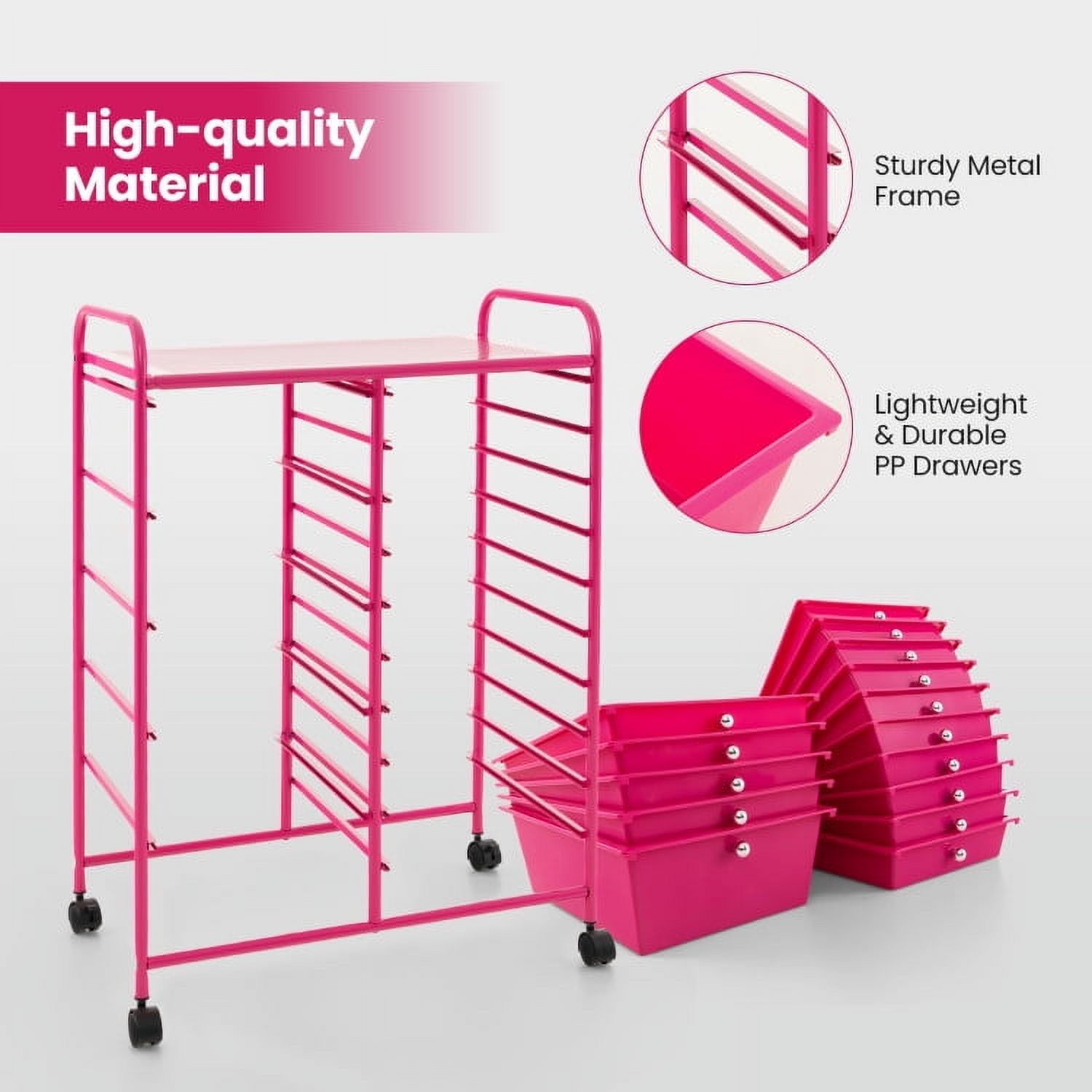 Demi Bonn 15-Drawer Utility Rolling Organizer Cart Multi-Use Storage with 4 Universal Casters, Pink