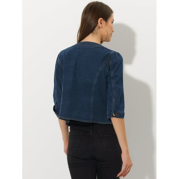 Allegra K Chaqueta de mezclilla sin cuello para mujer Chaquetas de mezclilla de manga 3 4 Azul Oscuro XS Allegra K Chaqueta Bodega Aurrera en linea