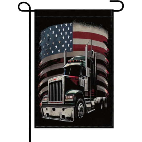 Patriotic Semi Truck Garden Flag, Double-Sided Yard Banner, 12 x 18 Inch, American Flag Design for Outdoor Farmhouse and Holiday Decor