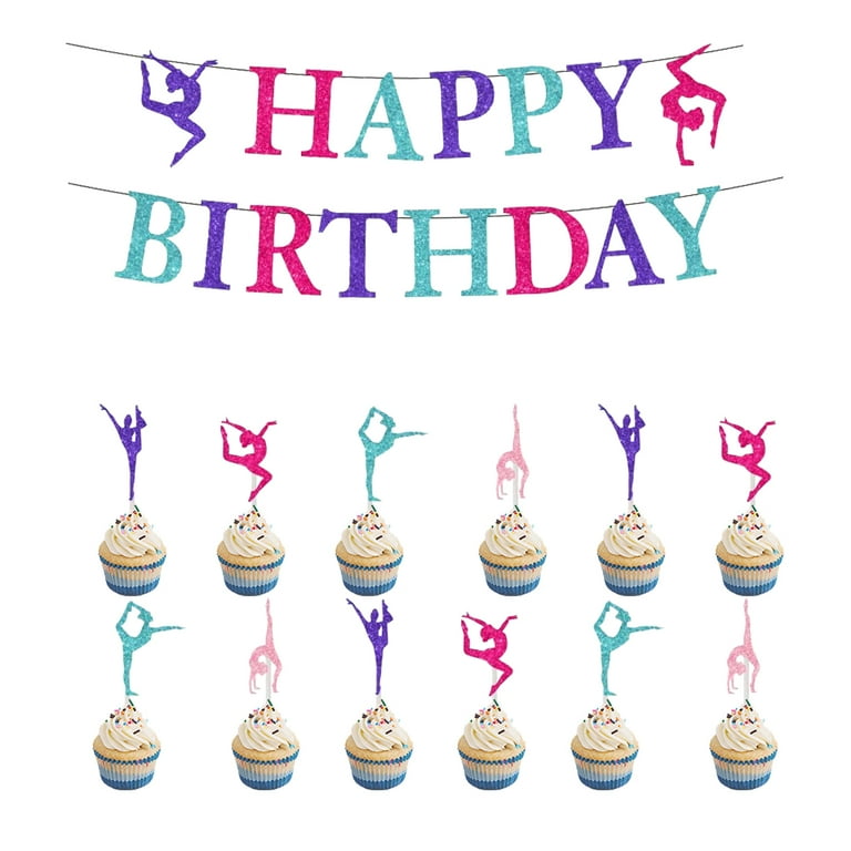 Gymnastics Themed Birthday Decorations for Girl Gymnastics Happy Birthday  Glitter Banner Cupcake Topper Kit for Gymnastics Birthday Party Supplies -  Walmart.com