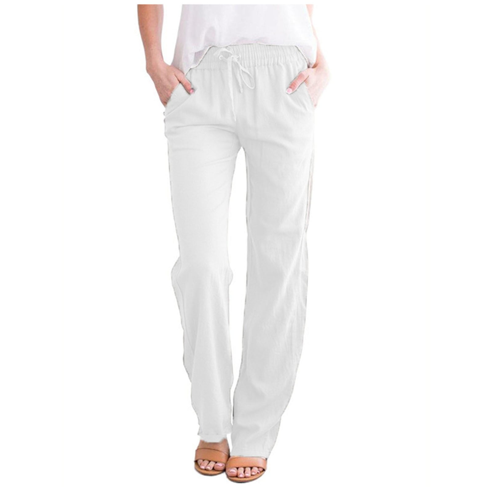 BHSJ Casual Pants for Women Cotton and Linen Solid Drawstring Elastic Waist Long Straight Pants Wide Leg Lounge Pants