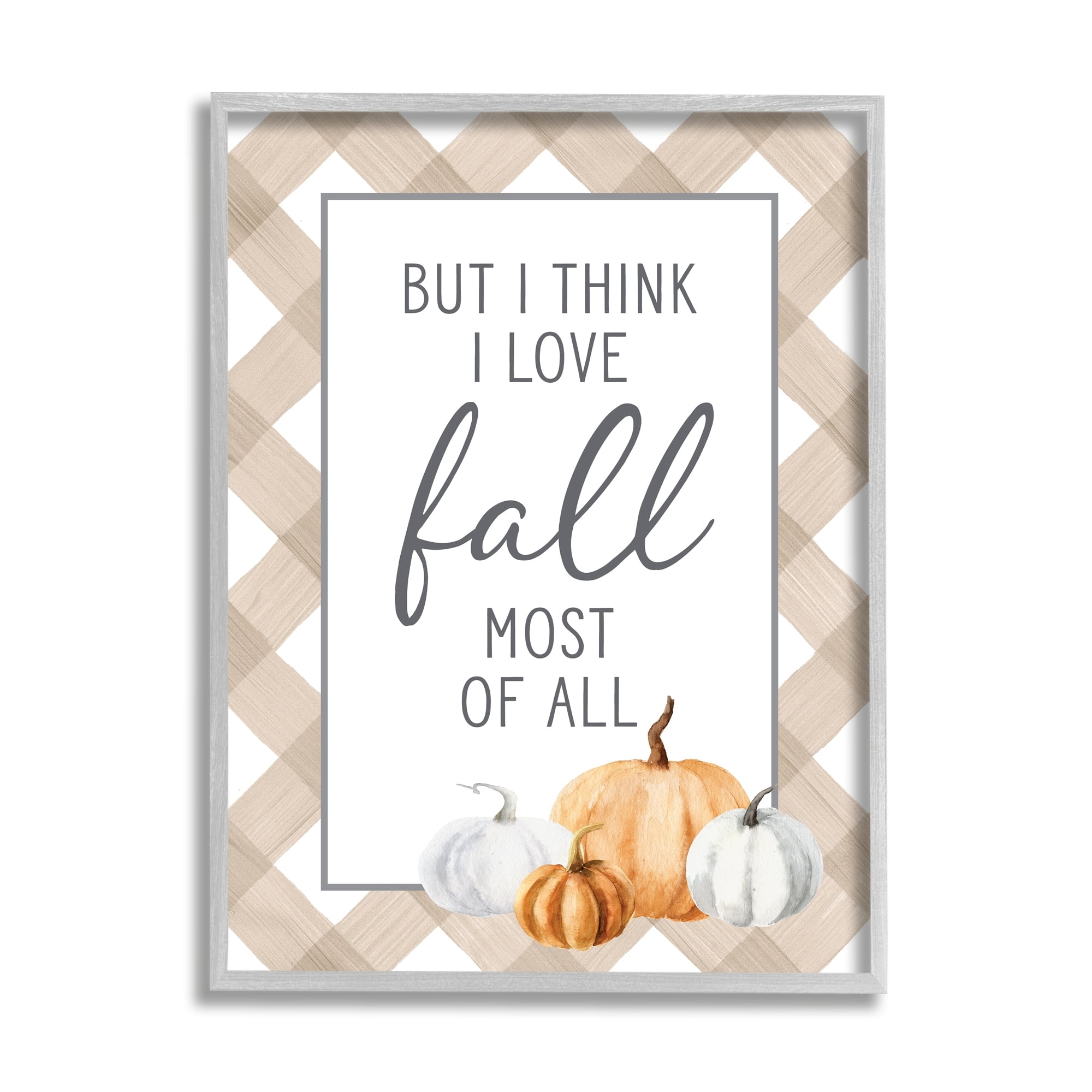 Stupell Industries Love Fall Most Of All Autumn Pumpkins Plaid Border Graphic Art Gray Framed Art Print Wall Art, Design by Lettered and Lined