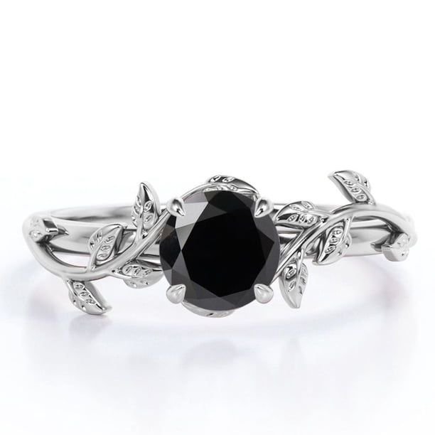 JeenMata Anillo de Compromiso con Diamante Negro de 0,50 Quilates Creado en Laboratorio de Corte Redondo, con Forma de Hoja y Enredadera, Chapado en Oro Blanco de 18 K sobre Plata