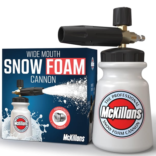Cañón de espuma McKillans para hidrolavadora (boca ancha) - Lanza de espuma para nieve para lavado de autos, dispensador de jabón para hidrolavadora con espuma gruesa ajustable + conector rápido de 1/