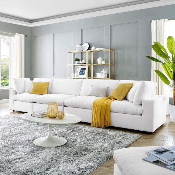 Maklaine 4-Seater Down Filled Overstuffed Performance Velvet Sofa in White