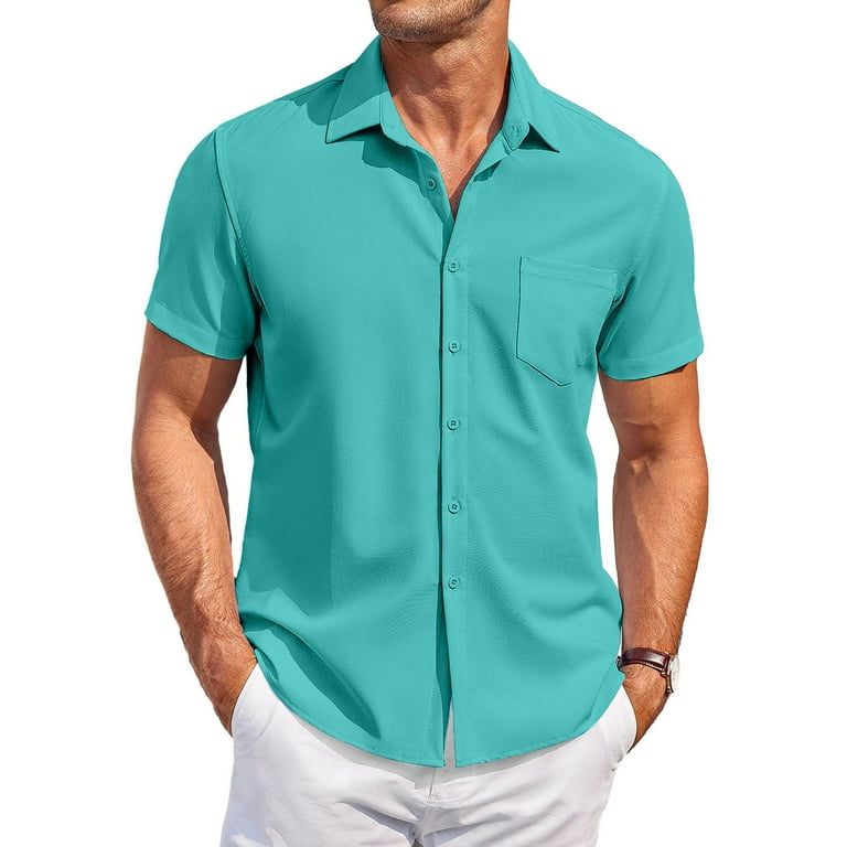 turquoise short sleeve dress shirt Gcesteap Men's Button Down Short Sleeve Casual Shirts Elastic Wrinkle Free Business Shirt for Summer Casual Top Turquoise XL