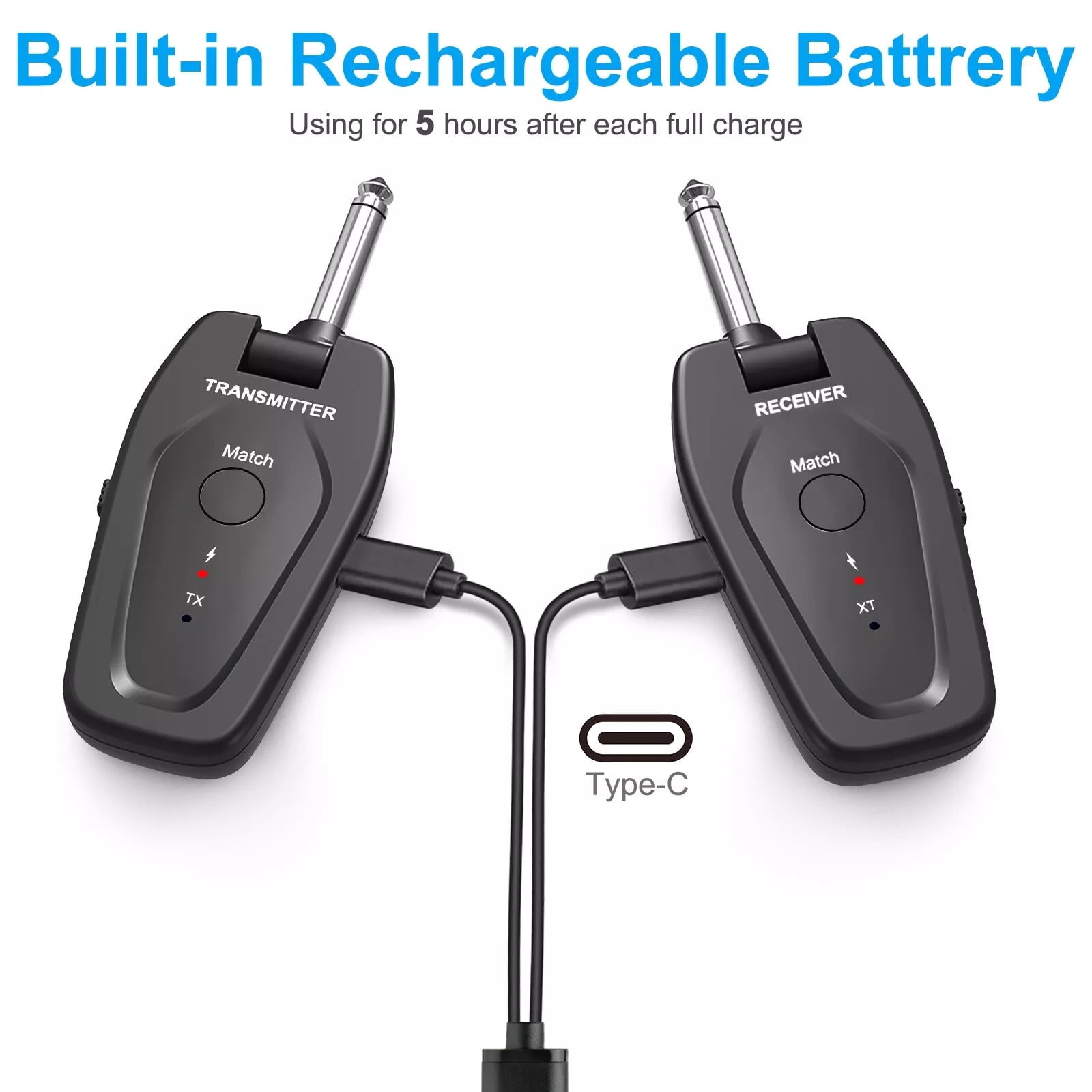 Portable Rechargeable Wireless Guitar System UHF Technology, 24bit/48kHz Sampling Rate for Guitarists and Musicians