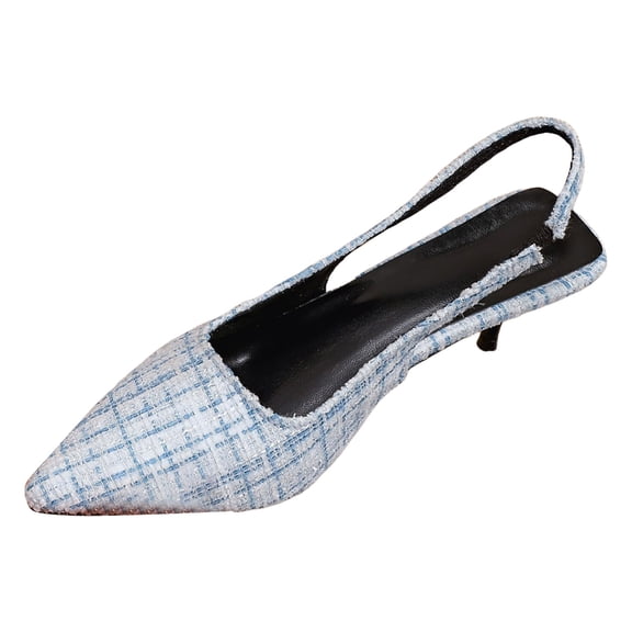 Women's Sling Back Pumps Sandals Glitter Plaid Stiletto Heel Backless Pointed Toe Casual Wedding Dress Shoes Blue Size 6.5