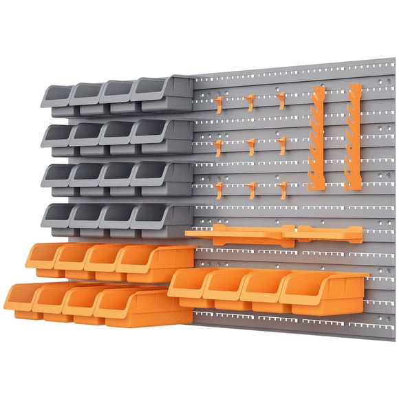 Orange 44-Piece Wall Mounted Garage Storage Bin Rack Kit with Pegboard & Hooks - Tool Organizer for Workshops & Sheds - 21.3" x 8.8" x 37.5"