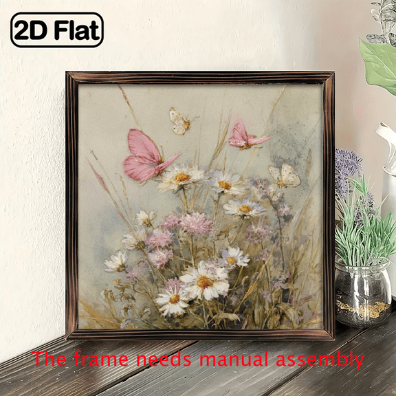 2D Flat, 8x8 Inch Rustic Farmhouse Floral Canvas Wall Art with Wooden Frame - Pink Butterflies Wildflowers in Soft Pastel Colors, 2D Flat Painting for Bedroom, Living, Kitchen, Dining Room Decor,